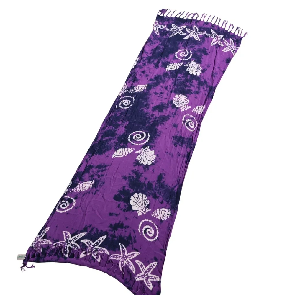 Alii of Hawaii Purple Tie Dye Starfish Shell Rayon Sarong Wrap Scarf Fringed‎